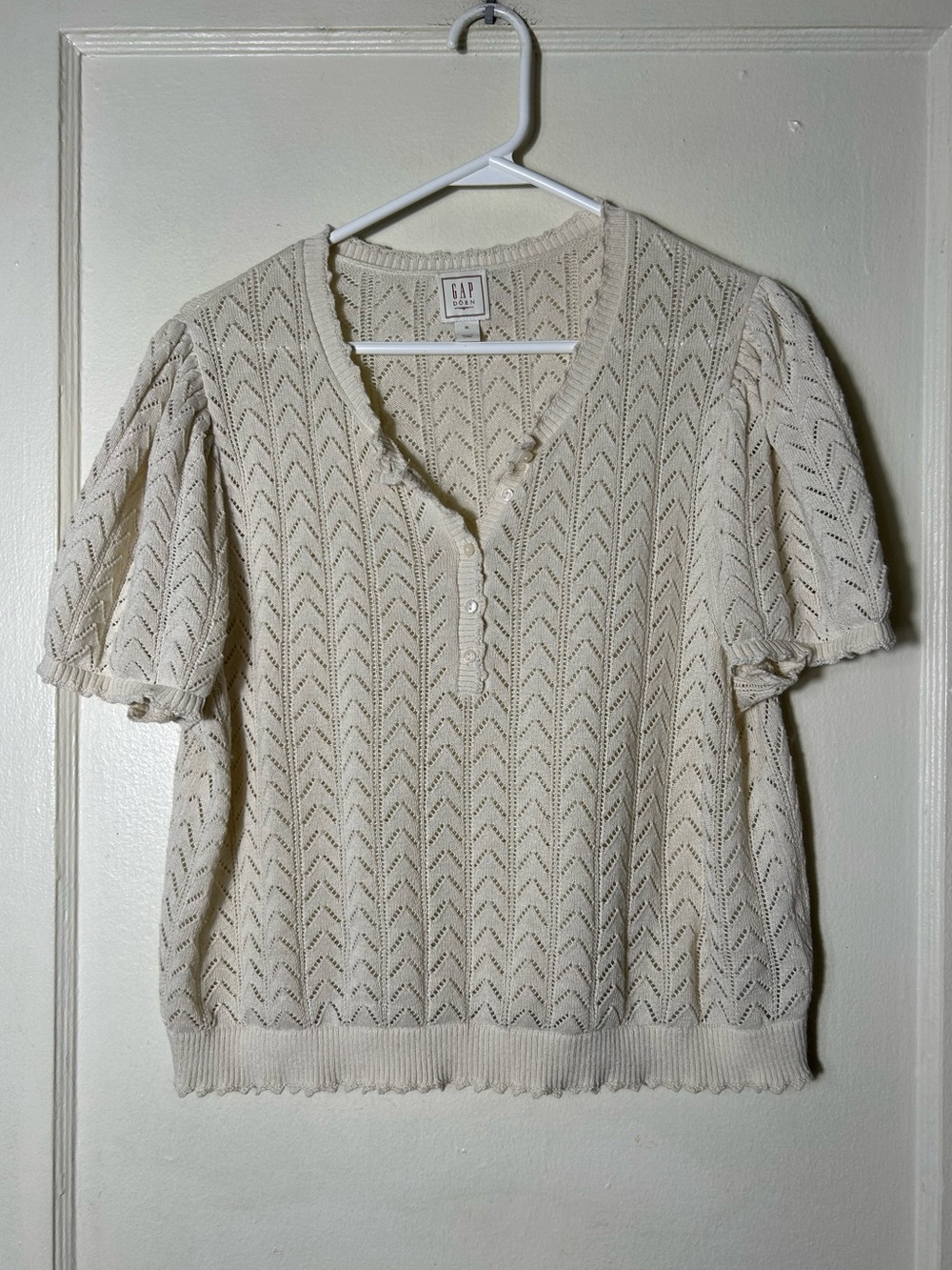 Doen X Gap ivory pointelle knit puff sleeve short sleeve top womens XL - Picture 2 of 8